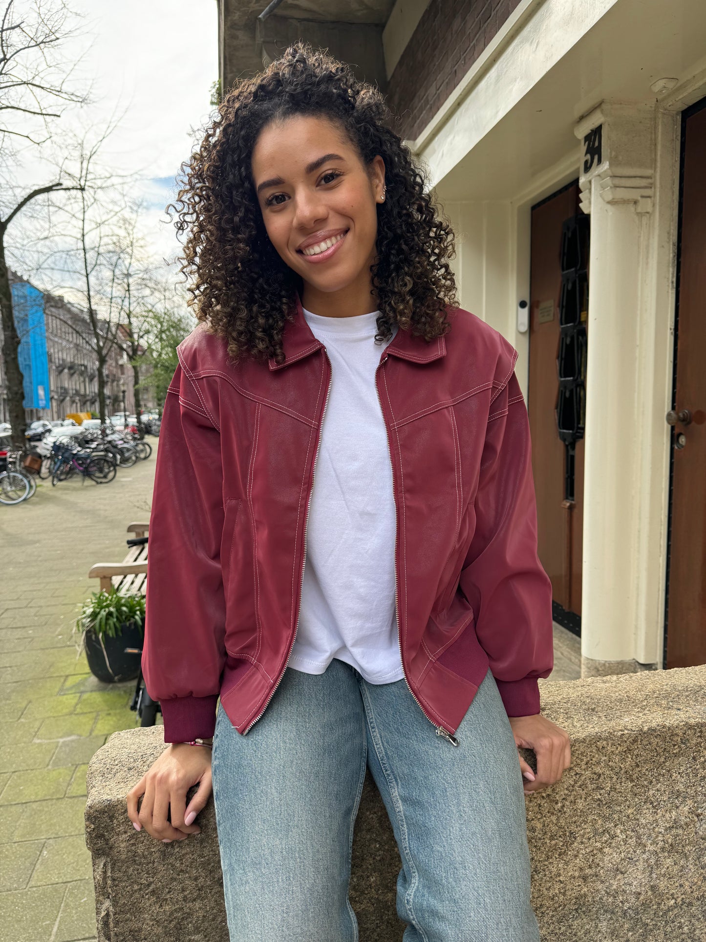 Red faux leather jacket